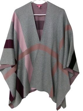 Talbots Women Gray Pink Burgundy Plaid Geometric Poncho Cape Shawl One Size